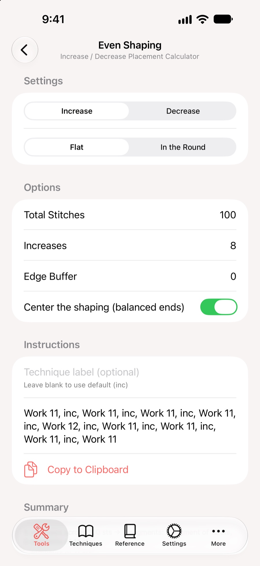 KnitHub Even Shaping calculator producing balanced increase placement instructions