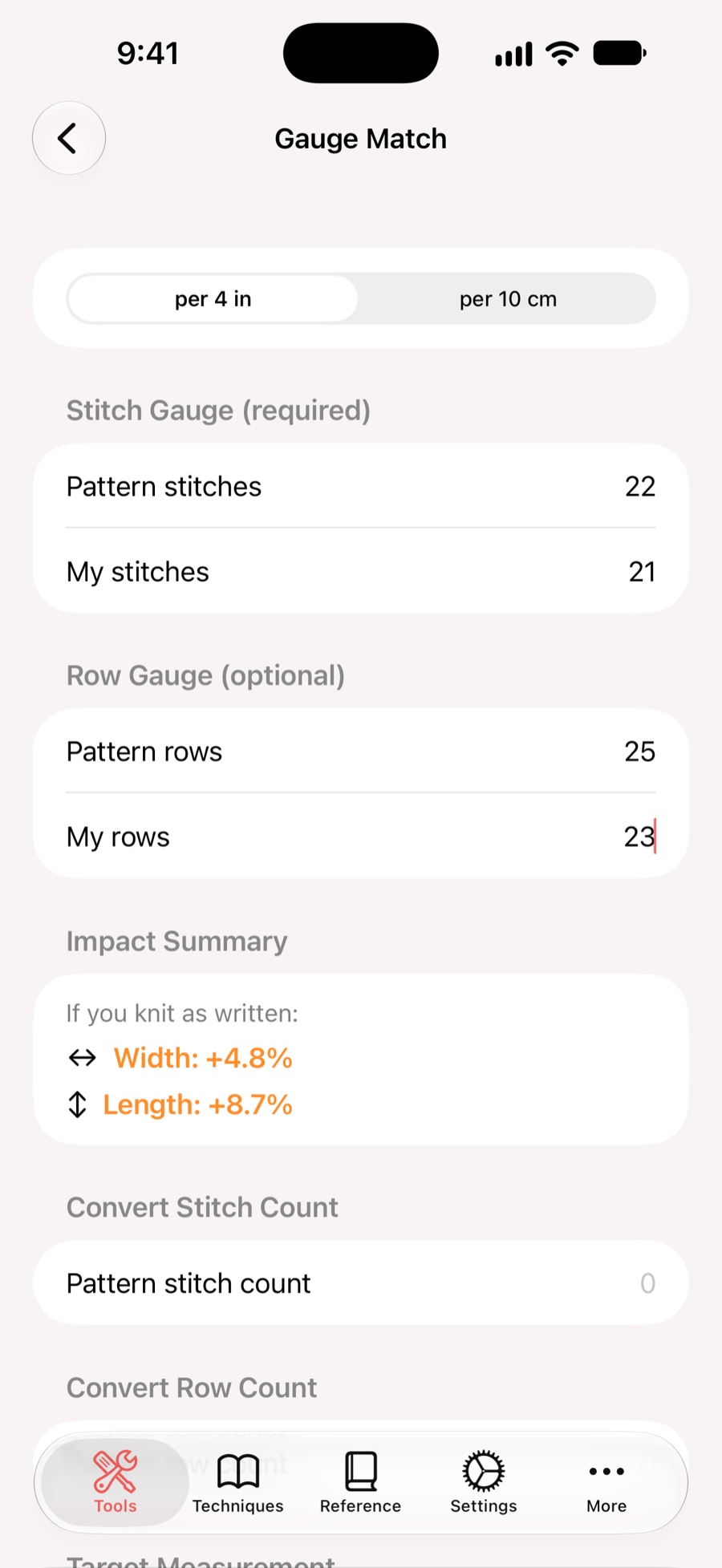 KnitHub Gauge Match showing pattern gauge, actual gauge, and percentage impact