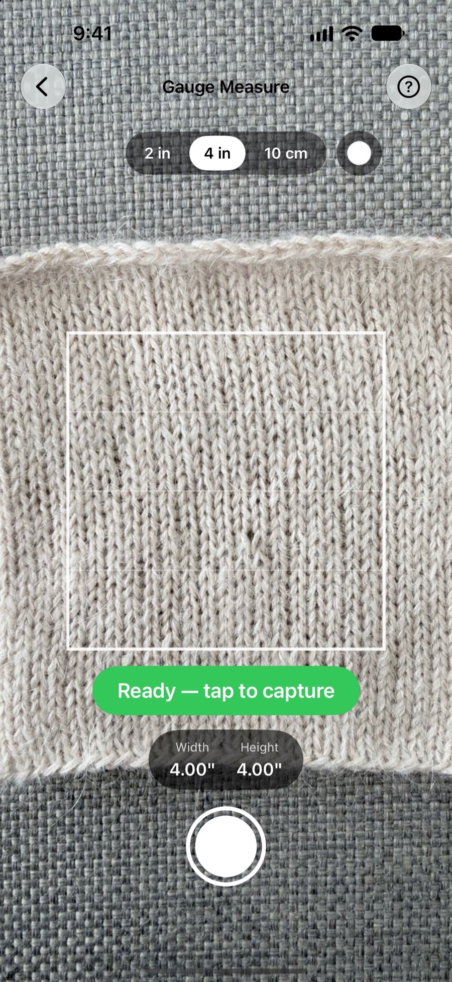 KnitHub camera view framing a four-inch square on a knitted swatch