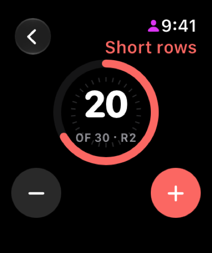 KnitHub row counter showing row 20 on Apple Watch