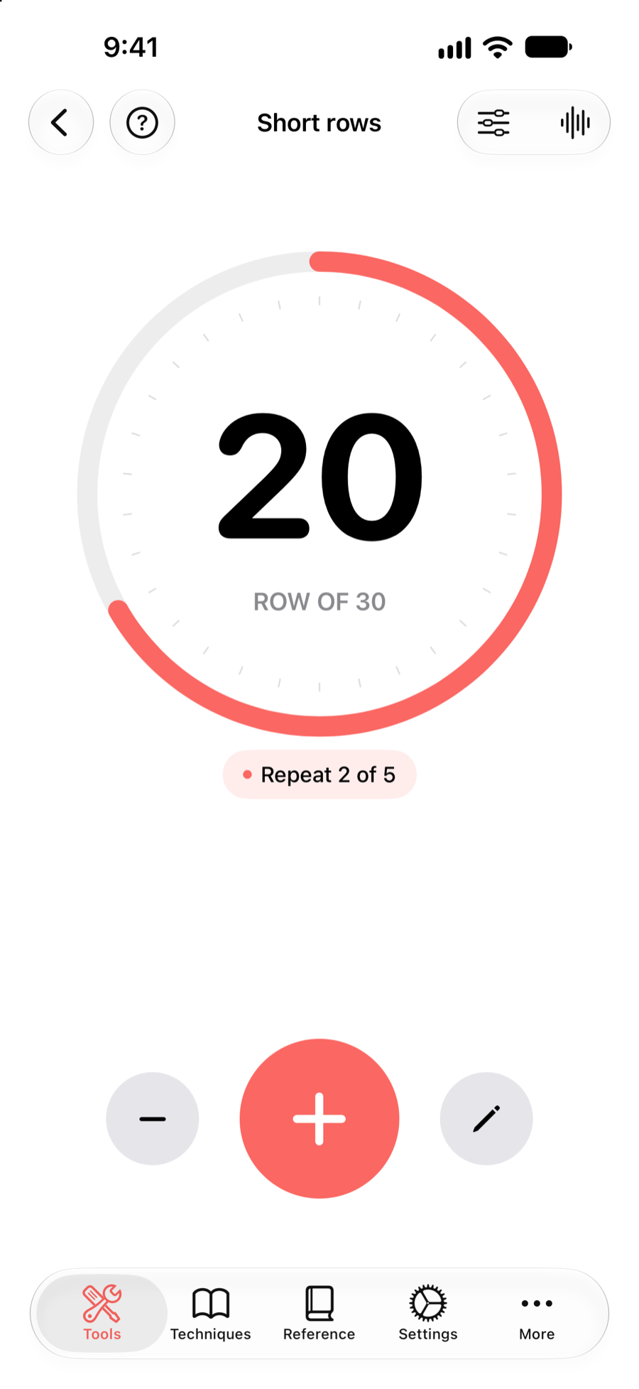 KnitHub row counter showing row 20 of 30 and repeat 2 of 5