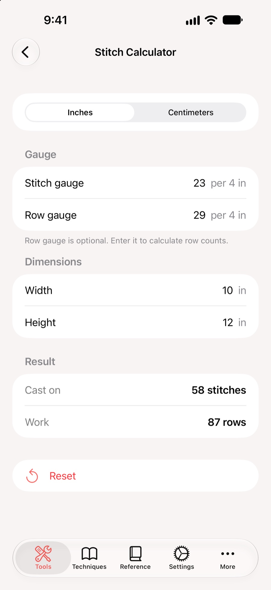 KnitHub Stitch Calculator with gauge, dimensions, cast-on stitches, and row results