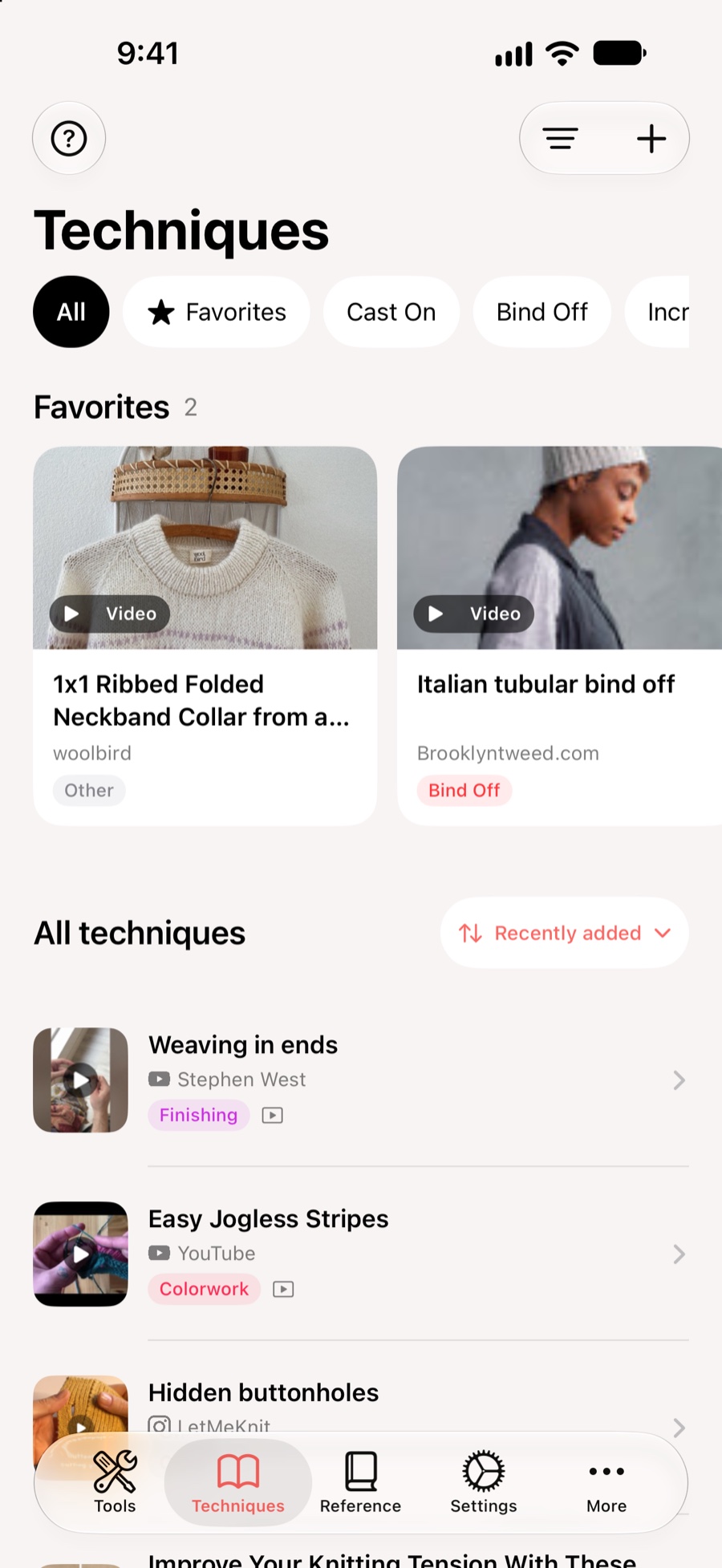 KnitHub Techniques library with saved knitting video tutorials and categories
