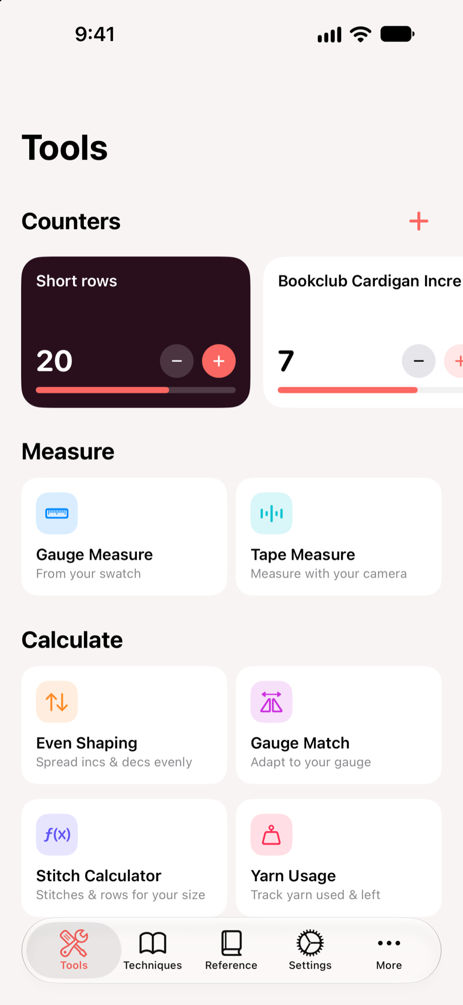 KnitHub tools screen with Gauge Measure and knitting calculators