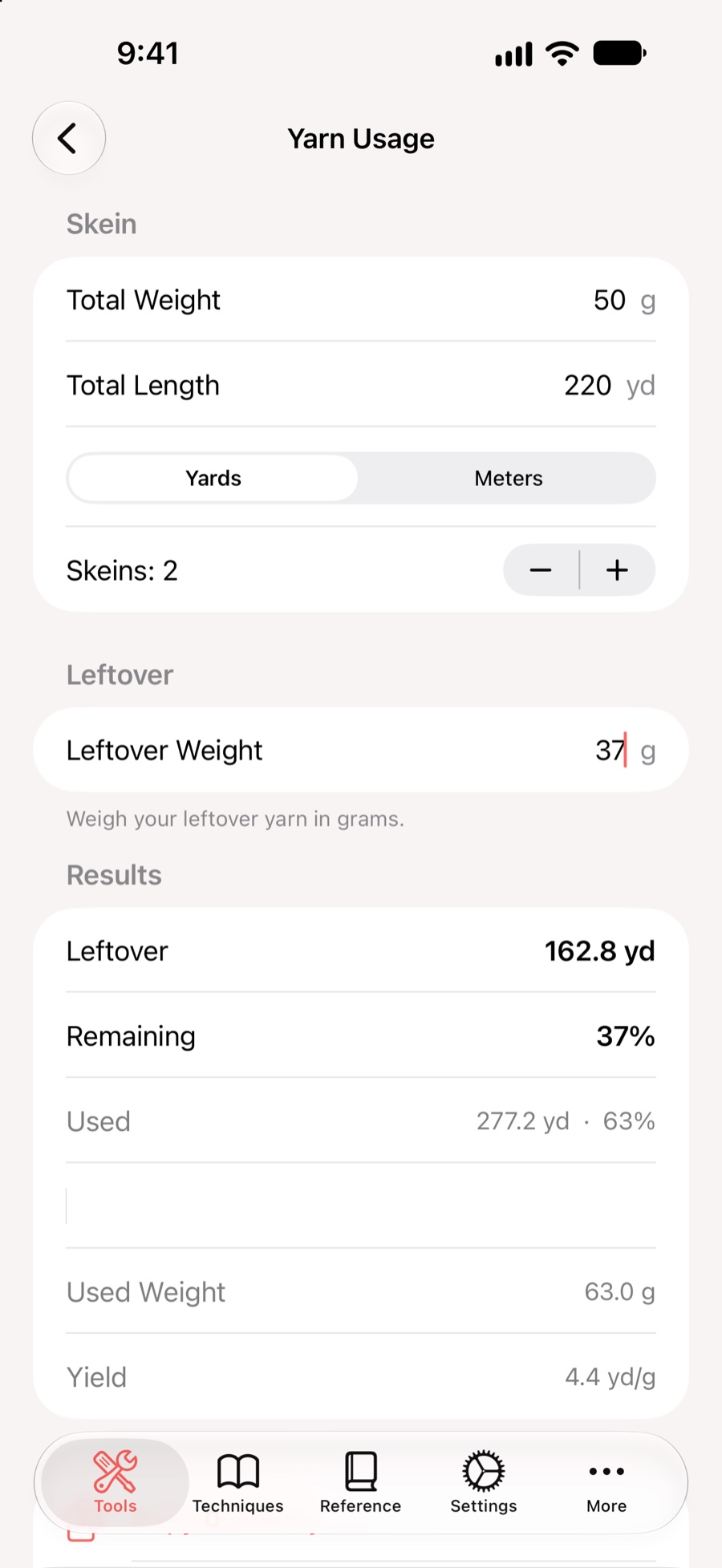 KnitHub Yarn Usage calculator with skein weight, length, and leftover results